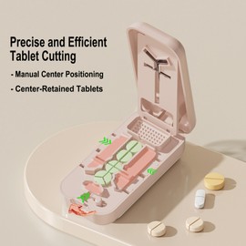 Precision Pill Cutter with Centering Guide - Multi-Angle Tablet Splitter for 1/2, 1/3 & 1/4 Cuts, Includes Pill Crusher & Storage Compartment (Pink)