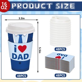 48 Set Father's Day Disposable Coffee Cups with Lids Sleeves Paper Cup Blue Suit I Love Dad Drinking Cups for Father's Day Party Supplies