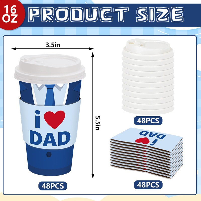 48 Set Father's Day Disposable Coffee Cups with Lids Sleeves