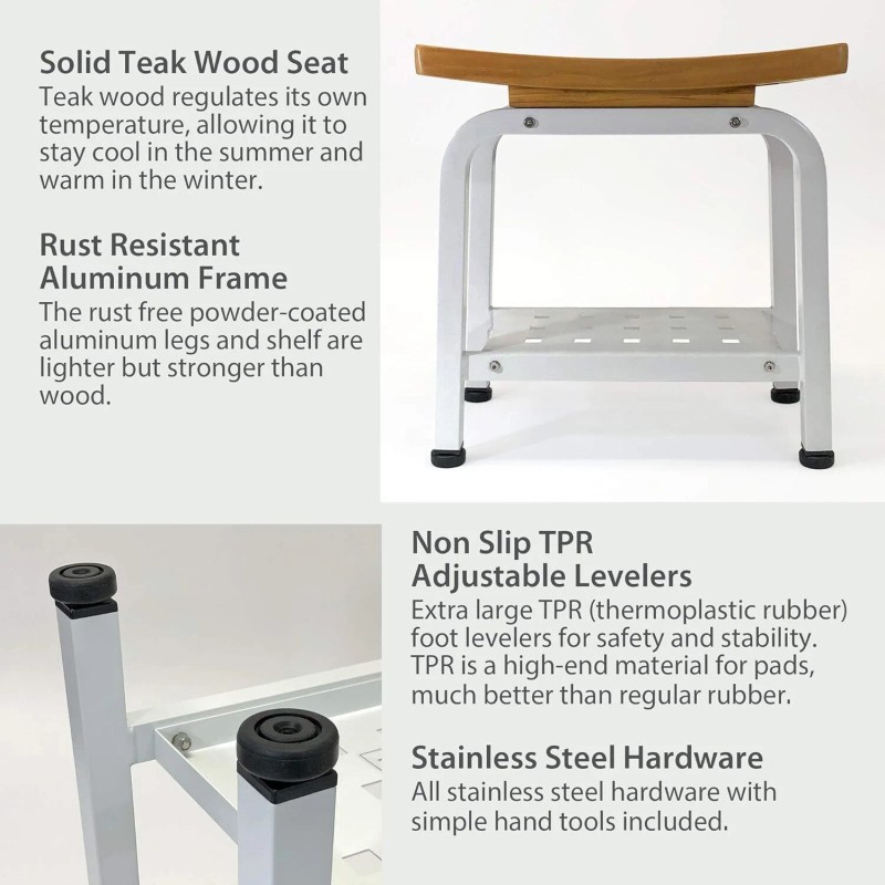 Anthology Spa Bali Shower Bench Teak & Aluminum Bath Stool