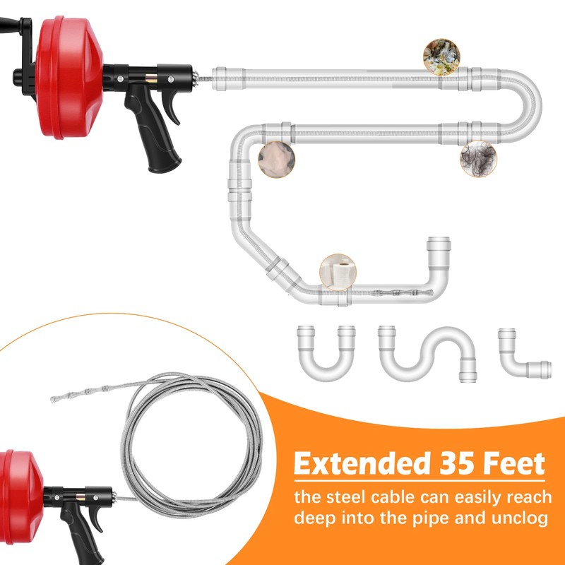 35FT Drain Snake Tools, 14-in-1 Double Mode Drain Auger (New)