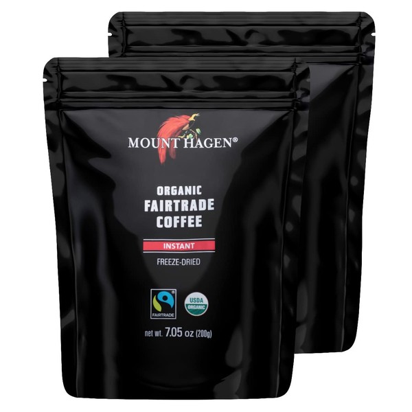 Mount Hagen 7.05oz Organic Freeze Dried Instant Coffee - 2 Pack | Eco-friendly Instant Coffee, Medium Roast Arabica Beans | Organic, Fair-Trade in Resealable Pouch Bag [2x7.05oz]