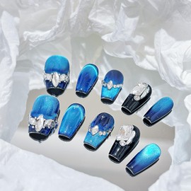 Generic Luxury Gem Custom Mysterious blue Press on nails,Reusable False Nails, Salon Acrylic Nail Kits 10pcs-Small, 0.2 Fl Oz (Pack of 5)
