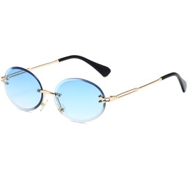 LASPOR Retro Oval Sunglasses for Women Men Fashion Vintage Gold Metal Frameless Rimless Glasses Tinted Lens UV400 Protection (Blue)