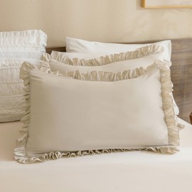 QSH Wheat Ruffled Pillow Cases Standard Size Set of 2,Shabby Farmhouse Vintage Pillow Sham Standard French Country Chic Pillow Shams Ultra Soft Pillow Cover 20"x26" for Bedroom