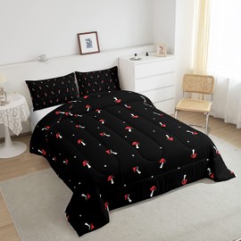 Cute Mushroom Comforter Set Full Size Kid Cartoon Bedding Set Red Mushroom Kawaii Reversible Duvet Set Types of Mushrooms Comforter Cute Wild Species Comforter Set for Bedroom Decor, Black