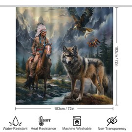 FBMLBRB Modern American Native Wolf Eagle 4 Pcs Waterproof Shower Curtain Set,Abstract Forest Hunting Theme Nation Tribal Dreamcatcher with Waterproof Toilet Cover Shower Mat Rugs