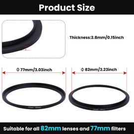 Metal Step Up Ring Filter Adapter - 77mm to 82mm - Metal Ring Step Up Rings Adapter Filter Compatible with All 82mm UV, CPL, ND, Lens Hood, Threaded Lens ect