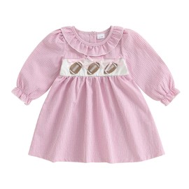Toddler Girl Football Outfit Embroidered Puff Long Sleeve A Line Dress Cute Fall Game Day Dresses Clothes (Pink, 12-18 Months)