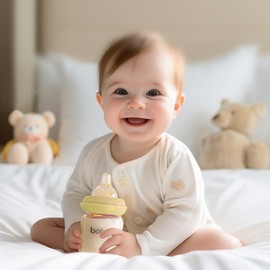 YOHKOH Natural Glass Baby Bottle with Natural Response Nipple, Newborn Anti-Colic Baby Bottles, Wide Neck Mushroom Cap Baby Bottle, Clear (Yellow, 3.4oz (Pack of 4))