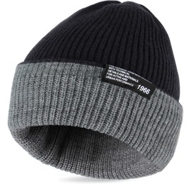 Ababalaya Double-Sided Color-Blocking Thick Knit Cuffed Oversized Beanie for Unisex Casual Winter Hat for Large Head, Warm Gifts for Women and Men, Black