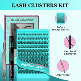 Lash Extension Set 200 Pieces 50D Eyelash Extensions Set D Curl Wispy Cluster Lashes DIY Eyelash Extensions Kit Natural Individual Eyelash Kit with Eyelash Binding and Remover Eyelash Tweezers