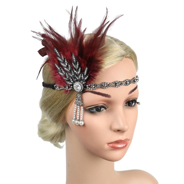 Positive Costume Diadema clásico Flapper Daisy Buchanan, disfraz de gran tiara de hojas de Gatsby, accesorio de pelo de los años 20 (6068#negro + rojo vino) (HD-58-31)