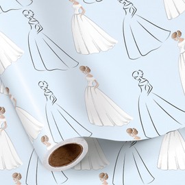 RUSPEPA Wedding Wrapping Paper Roll, Mini Roll, Elegant Bride Illustration with Wedding Dresses Design, Light Blue Gift Wrap Paper for Bridal Shower and Anniversary, 17 Inches x 16.4 Feet