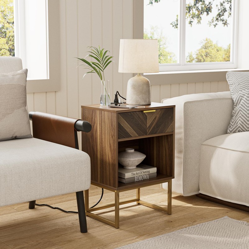 Masupu Nightstand with Charging Station,Modern Night Stand Boho Farmhouse Wood