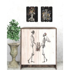 Gothic Wall Art Home Decor Skeleton Picture Floral Sugar Skull Painting H16inch Black Dark Eclectic Wood Prints with Spooky Flower Aesthetic Vintage Style Artwork Plaque for House S/2