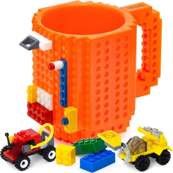 TOYAMBA Build-on Brick Mug BPA-Free Funny Coffee Mug with 3 Packs of Building Bricks, Funny Cups for Kids - Creative Building Block Mug DIY Idea 16OZ (Orange)