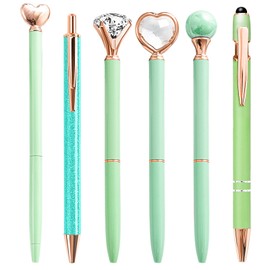 YOXMJDB Teacher Pens, 6 Pcs Green Pens Cool Pens Ballpoint Pens Bulk, 1.0mm Medium Point Black Ink Pens Diamond Pens with Crystal, Office and School Supplies Nice Pens Gifts for Women (Green)