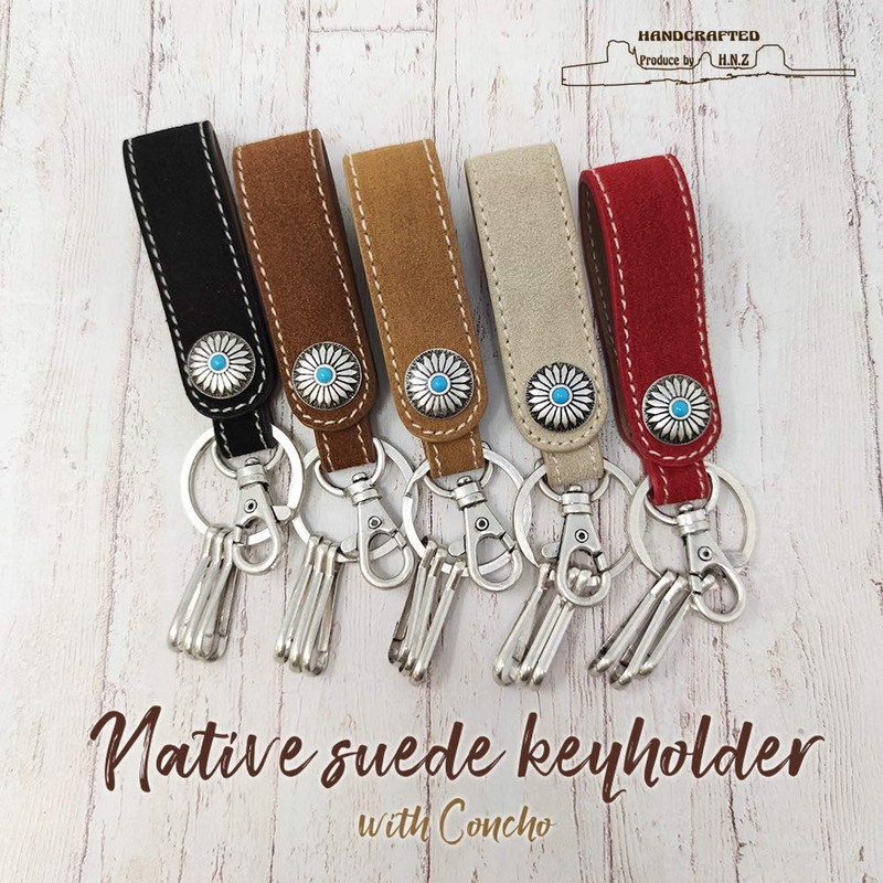 H.N.Z Key Chain Suede Concho Turquoise Native American Keychain Brown