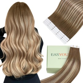 Easyouth Tape in Hair Extensions Brown Balayage 16inch Remy Hair Tape in Extensions Dark Brown Fading to Light Brown Balayage Blonde Glue in Hair Extensions #3/8/22 20pcs 40g