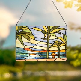 HomeBeauty Stained Glass Hanging Panel-14 Wx9.5 H Window Suncatcher Tiffany Style Window Ornament,Tropical Palm Trees Home Hanging Decorations