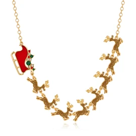 ENSKEFEN Christmas Necklace for Women Novelty Reindeer Necklace Santa Sleigh with 8 Elk Deers Decor Necklace Statement Xmas Reindeer Charm Necklace Holiday Christmas Jewelry