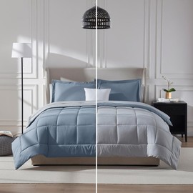 7 Pcs Reversible Bed in a Bag Set Two Tone Lightweight Comforter Set Cal.King Size Diamond-Pattern Stitching | Stone Blue Gray Color All Seasons Aesthetic Bedding Farmhouse Hotel Luxury Look