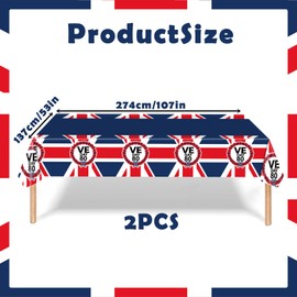 2Pcs VE Day 80th Tablecloth, Union Jack Flag Tablecloth, 137*274cm Table Covers Plastic Table Cloth with Union Jack Flag,UK Tablecover for 80 Years Anniversary Victory In Europe RAF WW2 1945