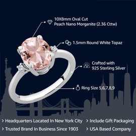 Gem Stone King 2.36 Cttw Peach Nano Morganite and White Topaz 3 Stone Ring For Women | 925 Sterling Silver | Oval 10X8MM | Gemstone October Birthstone | Available in Size 5,6,7,8,9