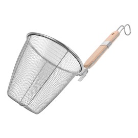 HOLIDYOYO Mesh Pasta Strainer Basket with Wooden Handle, Stainless Steel Mesh Spider Strainer for Pasta Noodles Dumpling Boiling Food Spaghetti 14cm