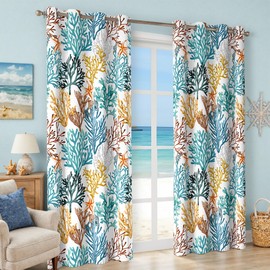 Coastal Beach Curtains 2 Panels Set Nautical Ocean Themed 50% Light Blocking Room Darkening Grommet Window Treatments Coral Starfish Drapes Decotative for Living Room Bedroom, Teal, 52x96 Inches
