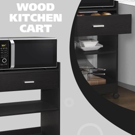 Kings Brand Furniture Dellow Microwave Cart with Storage Shelves and Drawer - 2 Shelf Veneers & Wood Kitchen Cart with Storage - Lockable & Unlockable Microwave Wooden Cart with Wheels - Black