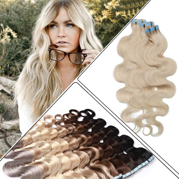 Wavy Tape in Hair Extensions Human Hair 100g 40pcs Body Wave 22 inch Whitish Blonde Long Soft Remy Hair Skin Weft Seamless Invisible Double Side Tape #70