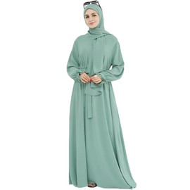 Women Muslim Dress Middle East Arabian Robe Islamic Modest Dress with Hijab Scarf Lace Sleeve Flowy Abaya Dress Light Green
