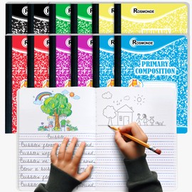 Rosmonde 12 Pack Primary Composition Notebook, 200 Pages (100 Sheets), Drawing and Writing Primary Journal For Kids, Grades K-2, With Header For Drawing, Sewn Binding Hard Cover, Assorted Marble