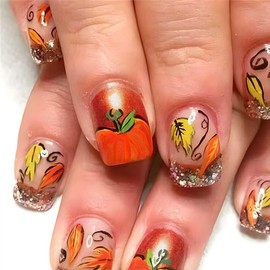 Fall Press On Nails Short Square Fake Nails Leaf With Pumpkin Glitter Design Thanksgiving False Nails Full Cover Orange Acrylic Nails French Tip Glue On Nail Autumn Stick On Nail For Women 24pcs
