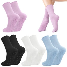 Zuimei 4 Pairs Pilates Grip Socks Non Slip Yoga Socks for Women Ruffle Socks with Grips Cotton Athletic Socks Ladies Grippy Socks for Home Gym Workout Sports Fitness Dance(Size UK 2-5/EU 35-39)