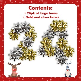 Christmas Jingle 24 Pack of Large Gold And Silver Bows – Multi-Pack of Christmas Bows Includes 12 Gold Bows and 12 Silver Bows – Christmas Wrapping and Gifting