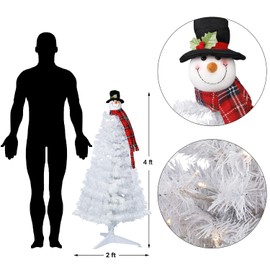 Juegoal 4FT Lighted Artificial Christmas Tree with Snowman, White Salem Pencil Pine Tree with 100 LED Lights Battery Powered, 8 Modes & Timer for Xmas Holiday Winter Home Party Decorations