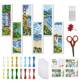 FREEBLOSS 6 Set Coast Stamped Cross Stitch Bookmark Kits Cross Stitch Kit Embroidery Bookmarks Kit for Adults Beginners with Backing Felt Embroidery Floss DIY Bookmark Kit for Book Lovers 8x2.4''