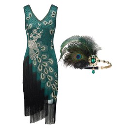 SWEETV Women's 1920s Vintage Peacock Flapper Dresses Sequin Beaded Fringed Gatsby Dress with Headband Green X-Large