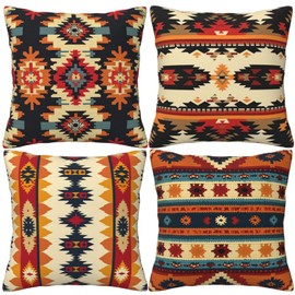 HOSTECCO Tribal Cushion Covers 45x45 cm Set of 4 Aztec Ethnic Cushion Cases Western Decorative Pillow Covers for Sofa Couch