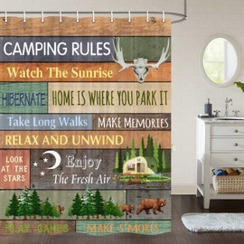 JAWO Campers RV Shower Curtain for Travel Trailer Bathroom, Farmhouse Camping Rules Quote Small Narrow Shorter Fabric Shower Curtains Set, Happy Camping Outdoor Decor Accessories with Hooks 47X64