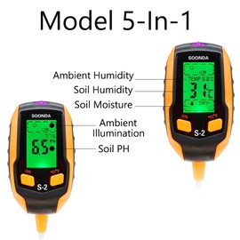 5-in-1 Bodentester, Feuchtigkeitsmesser, Testen Sie Bodenfeuchtigkeit/Bodenfeuchtigkeit/Umgebungsbeleuchtung/Boden-pH-Wert, Bodentester, Hygrometer-Sensor für Gartenpflanze, Blumen, Rasenpflege