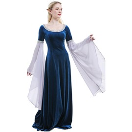 Daiz Bella Medieval Renaissance Handmade Historical Dress Blue Velvet Gown with Chiffon Sleeves (M, Dark Blue)