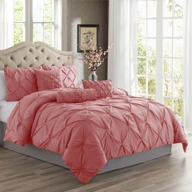 TRP 3 Piece Super Soft Plush Lightweight Farmhouse Comforter Set Queen Size Pintuck Pinch Pleat Design | All Seasons Shabby Chic Bedding Coral Pink Color Cozy Warm Rich Luxury Aesthetic Look