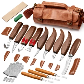 AIZMOZIA Wood Carving Kit, 17Pcs Wood Carving Tools, Professional Whittling Knife Set, Wooden Hand Knives with Sheath & Deluxe Leather Roll Bag for Beginners Adults & Starter Woodworking