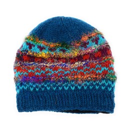 Hand Knit Wool & Recycled Silk Beanie Hat & Fingerless Gloves Set Fleece Lined Made in Nepal (Teal)