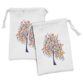 Lunarable Tree of Life Fabric Pouch Set of 2, Abstract Ornate Spring Season Flowers and Butterflies Happy Branches Print, Small Drawstring Bag for Toiletries Masks and Favors, 9" x 6", Multicolor
