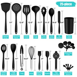 E-far Silicone Cooking Utensils Set, 25 Piece Kitchen Utensils with Holder, Non Toxic Kitchen Tools Spatula, Turner, Spoon, Ladle for Nonstick Cookware, Heat Resistant & Dishwasher Safe - Black